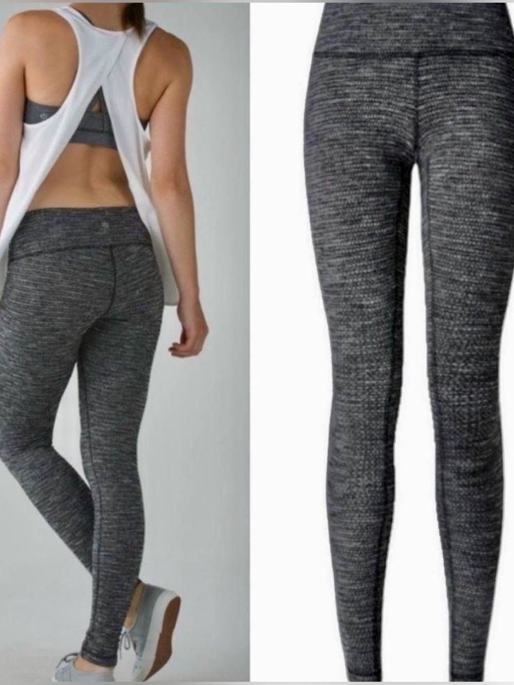 LULULEMON Wunder Under Heathered Charcoal Grey & Black High-Rise Leggings #E